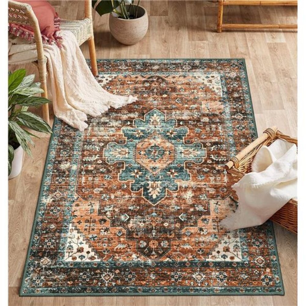 Ultra-Thin Washable Vintage Area Rug - 3x5 Boho Non-Slip Entryway Rug Oriental